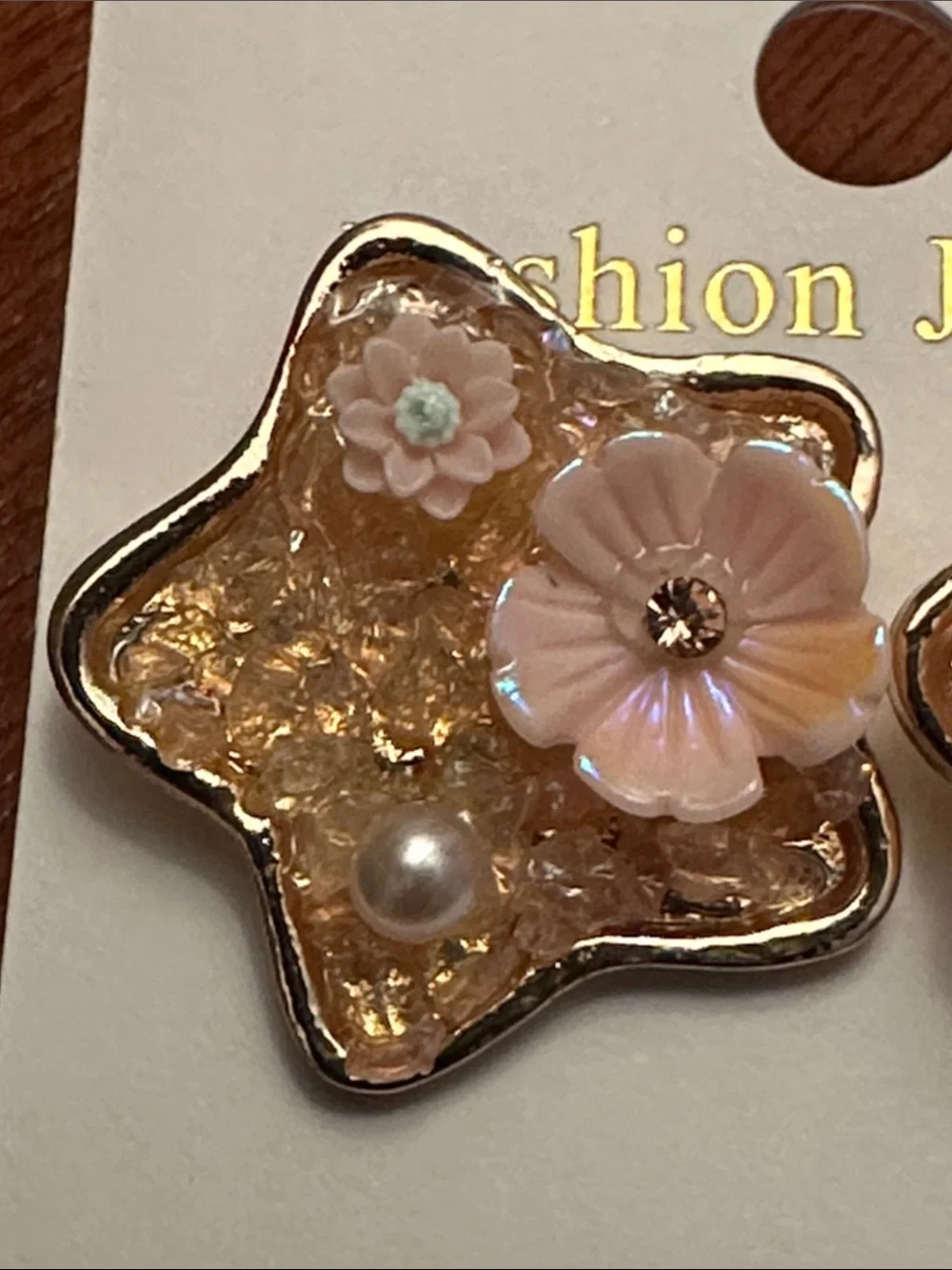 Fashion Jewelry Gold-Trim Pink Floral Star Earrings